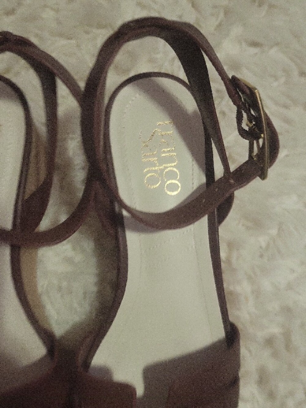 Franco Sarto Brown Leather Wedge Sandals with Gold Buckle Accents - Picture 4 of 8